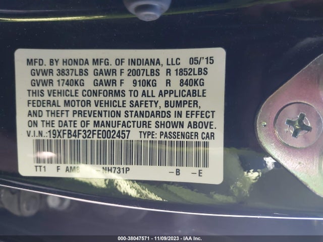 Honda CIVIC HYBRID 2015 19XFB4F32FE002457 Image 9