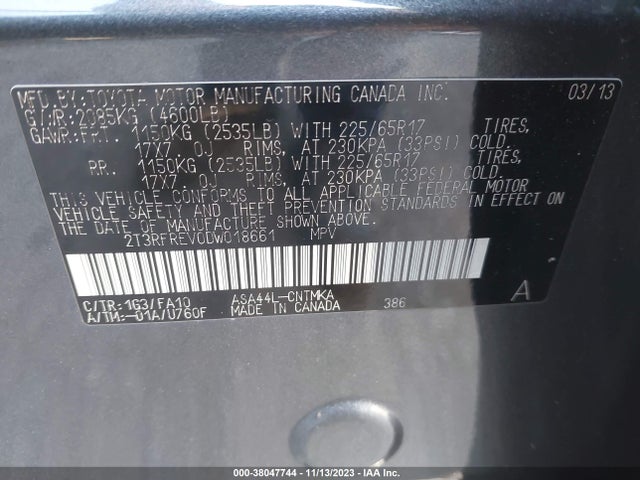 2013 TOYOTA RAV4 XLE VIN: 2T3RFREV0DW018661