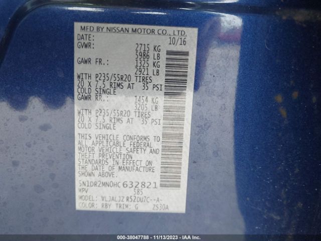 5N1DR2MN0HC632821 Nissan Pathfinder Platinum