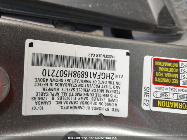 2008 HONDA CIVIC EX VIN: 2HGFA16898H507210
