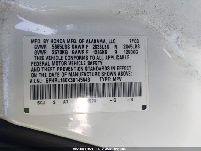 2003 HONDA ODYSSEY EX-L VIN: 5FNRL180X3B145643