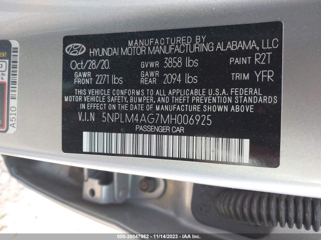 2021 HYUNDAI ELANTRA SEL VIN: 5NPLM4AG7MH006925