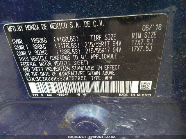 Honda HR-V EX 2016 3CZRU6H55GM757850 Image 9