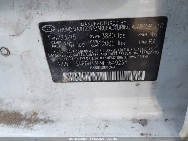 2015 HYUNDAI ELANTRA SE VIN: 5NPDH4AE9FH649254