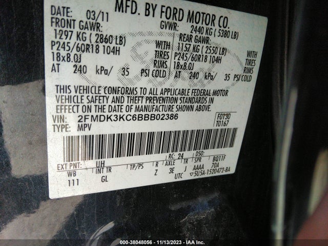 2011 FORD EDGE LIMITED VIN: 2FMDK3KC6BBB02386