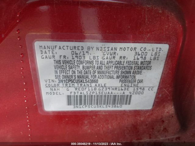 3N1CP5CU5KL543860 Nissan KICKS SV