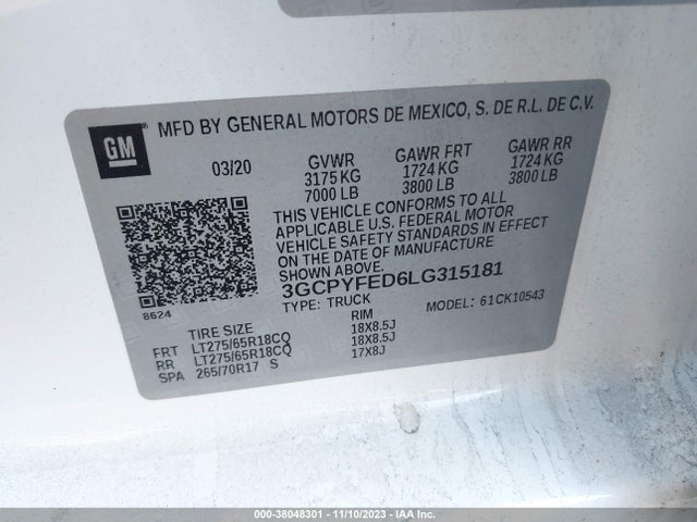 Chevrolet Silverado 1500 Lt Trail Boss 2020 3GCPYFED6LG315181 Image 9