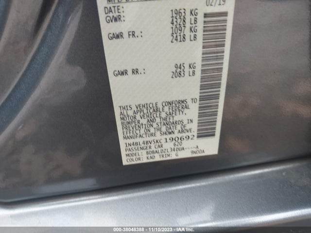 Nissan Altima 2.5 S 2019 1N4BL4BV5KC190692 Image 9