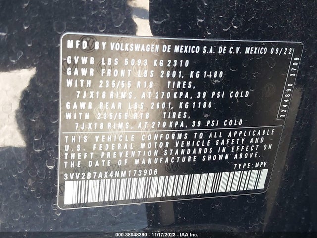 3VV2B7AX4NM173906 Volkswagen Tiguan 2.0t Se