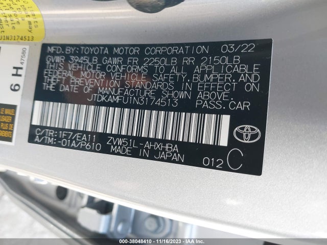 2022 TOYOTA PRIUS LIMITED VIN: JTDKAMFU1N3174513