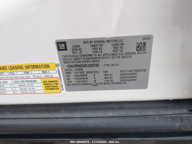 Chevrolet Traverse 2lt 2015 1GNKRHKD4FJ298785 Image 9