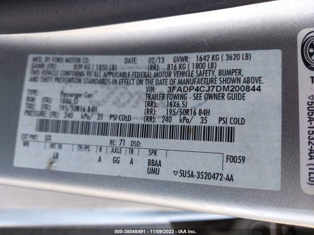 2013 FORD FIESTA TITANIUM VIN: 3FADP4CJ7DM200844