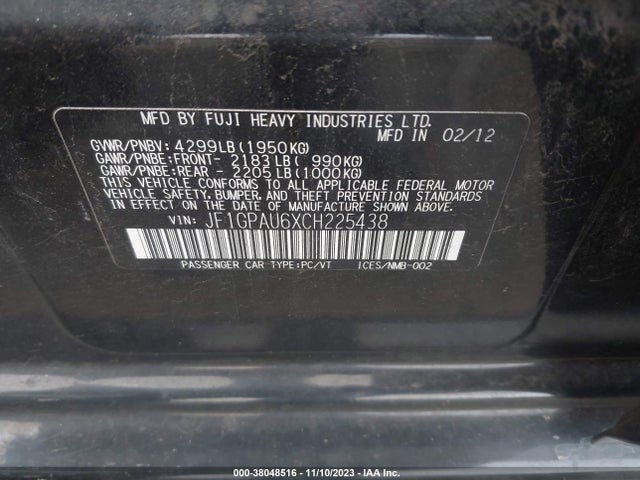 2012 SUBARU IMPREZA 2.0I SPORT LIMITED VIN: JF1GPAU6XCH225438