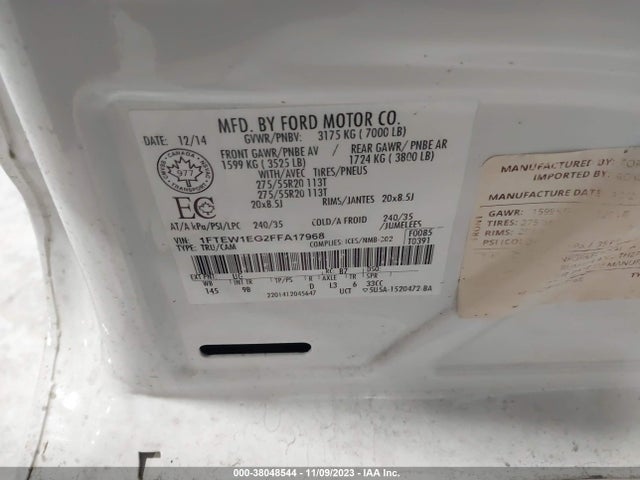 2015 FORD F-150 PLATINUM VIN: 1FTEW1EG2FFA17968