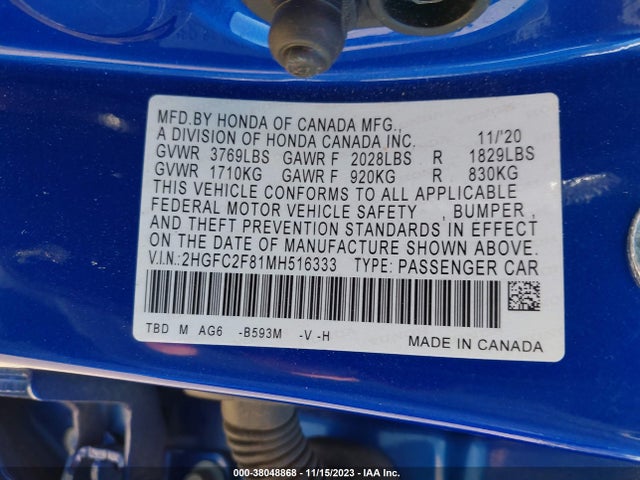 2021 HONDA CIVIC SPORT VIN: 2HGFC2F81MH516333