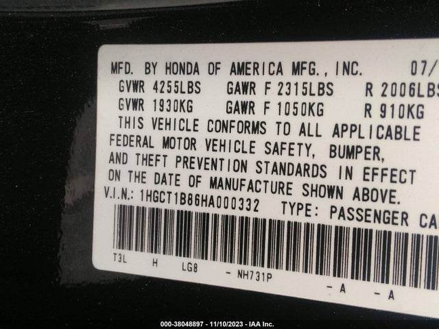 2017 HONDA ACCORD EX-L VIN: 1HGCT1B86HA000332
