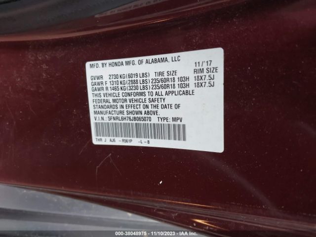 5FNRL6H76JB065070 Honda Odyssey Ex-l