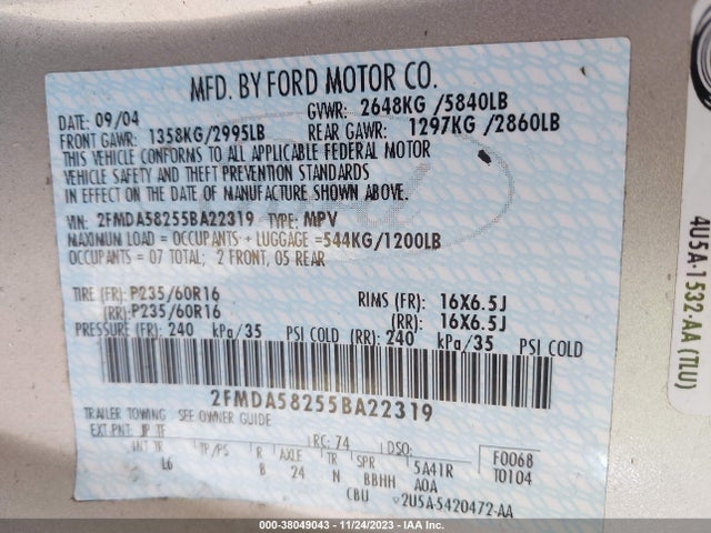 2005 FORD FREESTAR LIMITED VIN: 2FMDA58255BA22319