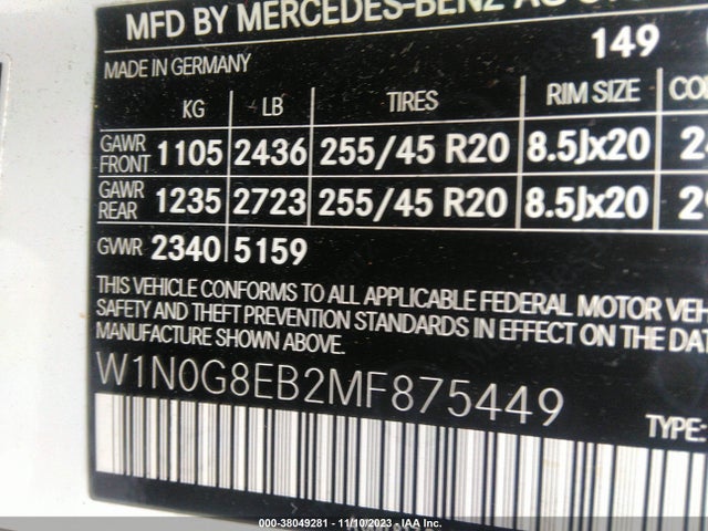 2021 MERCEDES-BENZ GLC 300 SUV VIN: W1N0G8EB2MF875449
