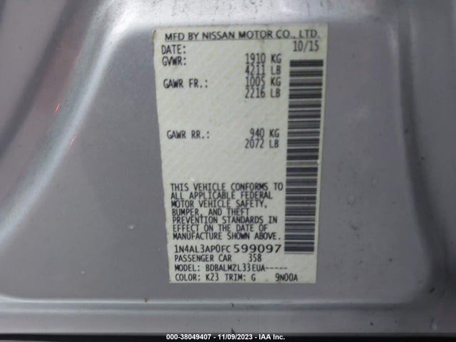 2015 NISSAN ALTIMA 2.5 SV VIN: 1N4AL3AP0FC599097