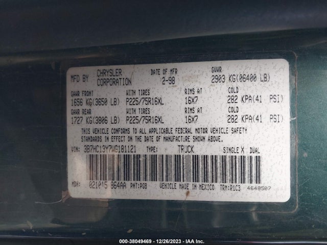 1998 DODGE RAM 1500 ST VIN: 3B7HC13Y7WG181121