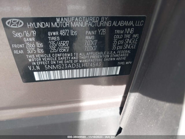 2020 HYUNDAI SANTA FE SE VIN: 5NMS23AD3LH174543