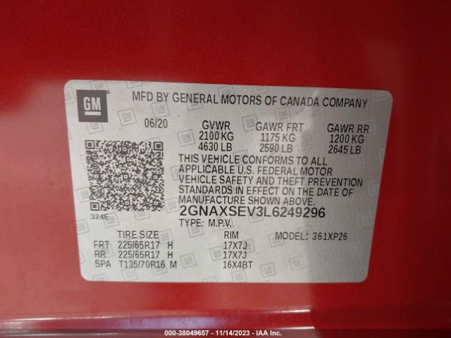 2020 CHEVROLET EQUINOX 2GNAXSEV3L6249296 Photo 8