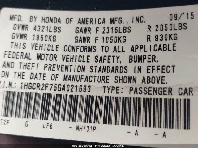 1HGCR2F75GA021693 Honda ACCORD EX