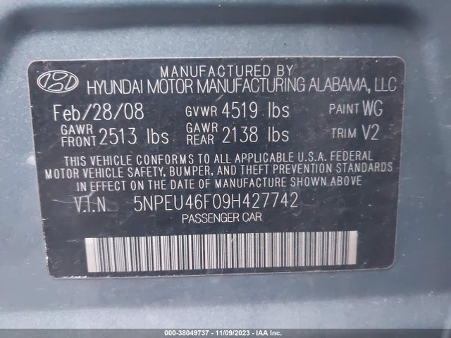 2009 HYUNDAI SONATA SE/LIMITED VIN: 5NPEU46F09H427742