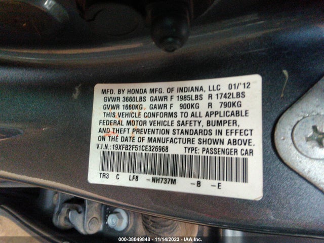 2012 HONDA CIVIC LX VIN: 19XFB2F51CE326968