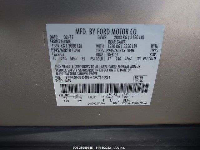 Ford EXPLORER XLT 2017 1FM5K8D88HGC34321 Image 9