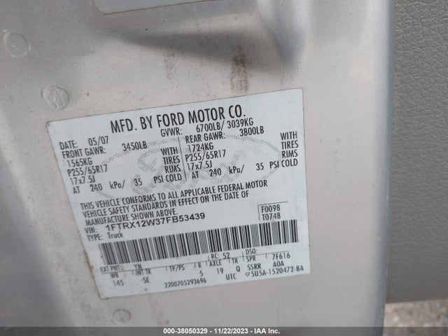 2007 FORD F-150 STX/XL/XLT VIN: 1FTRX12W37FB53439