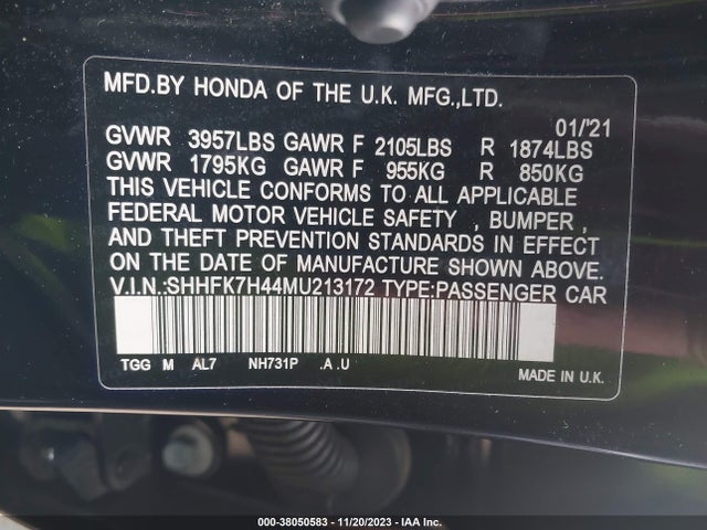 2021 HONDA CIVIC HATCHBACK SPORT VIN: SHHFK7H44MU213172