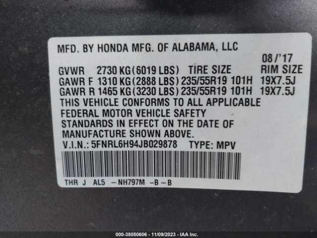 5FNRL6H94JB029878 Honda Odyssey Elite