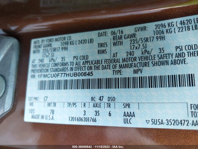 2017 FORD ESCAPE S VIN: 1FMCU0F77HUB00845