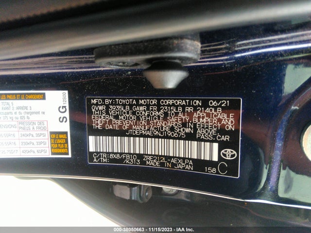 2022 TOYOTA COROLLA LE VIN: JTDEPMAE9NJ190675