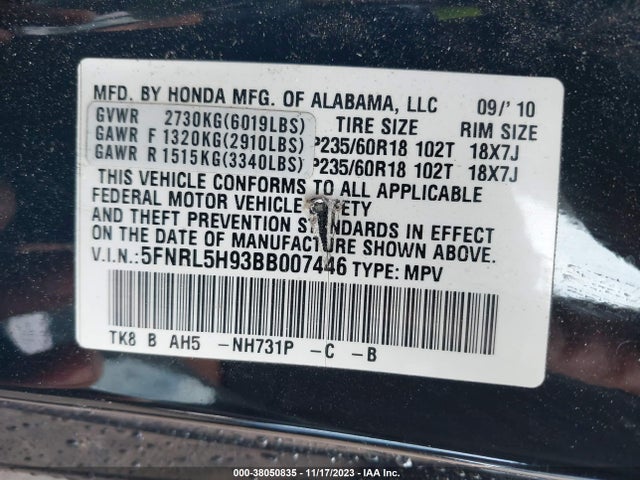 2011 HONDA ODYSSEY TOURING/TOURING ELITE VIN: 5FNRL5H93BB007446