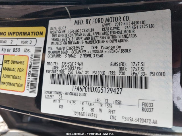 2016 FORD FUSION SE VIN: 1FA6P0HDXG5129427
