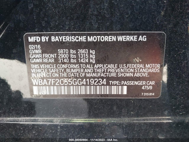 2016 BMW 750I XDRIVE VIN: WBA7F2C55GG419234