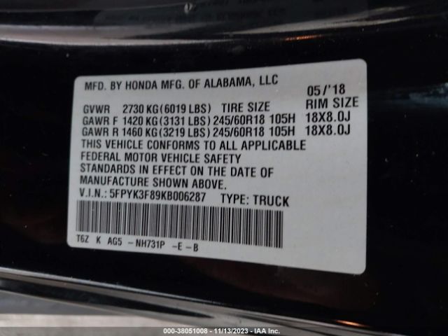 5FPYK3F89KB006287 Honda Ridgeline Black Edition