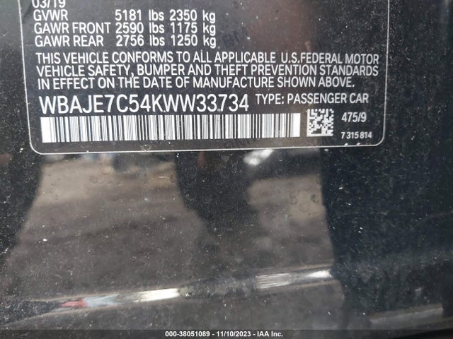BMW 540i Xdrive 2019 WBAJE7C54KWW33734 Image 9