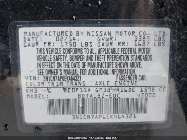 3N1CN7AP6EK464321 Nissan Versa 1.6 S/1.6 S+/1.6 Sl/1.6 Sv