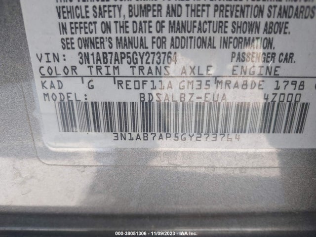 2016 NISSAN SENTRA S VIN: 3N1AB7AP5GY273764