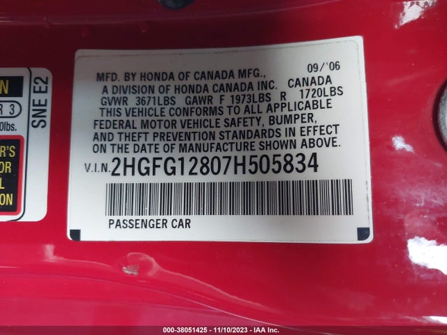 2007 HONDA CIVIC EX VIN: 2HGFG12807H505834