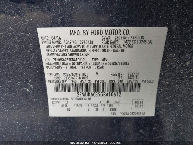 2016 FORD FLEX SEL VIN: 2FMHK6C85GBA10612