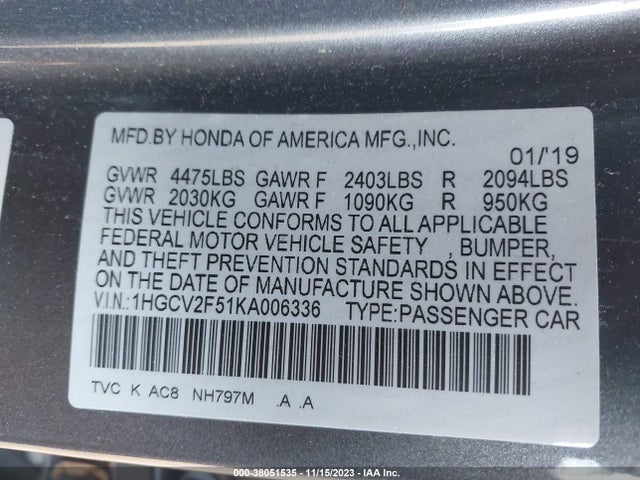 2019 HONDA ACCORD EX-L 2.0T VIN: 1HGCV2F51KA006336