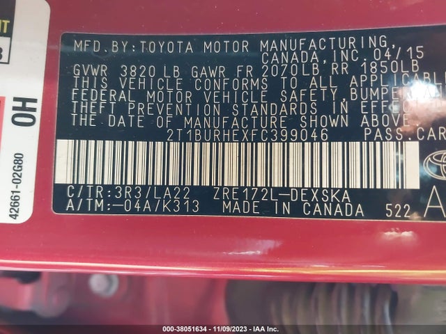 2015 TOYOTA COROLLA S PREMIUM VIN: 2T1BURHEXFC399046