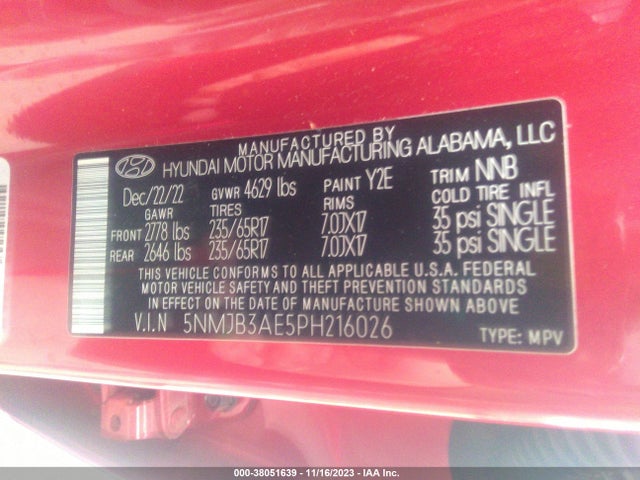2023 HYUNDAI TUCSON SEL VIN: 5NMJB3AE5PH216026