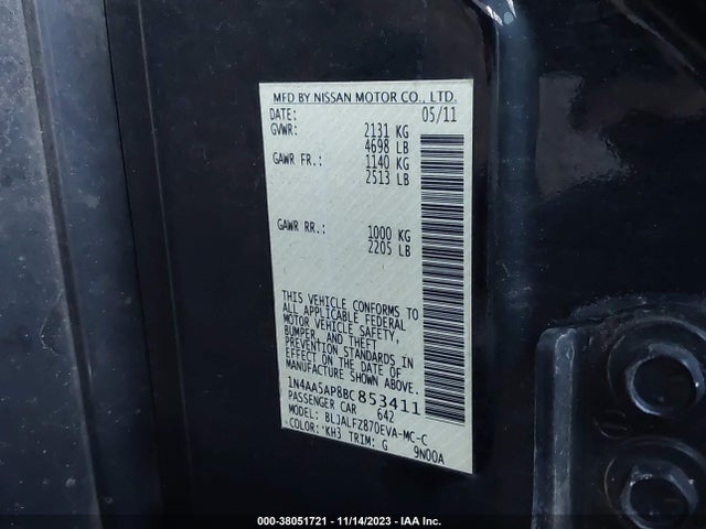 2011 NISSAN MAXIMA 3.5 SV VIN: 1N4AA5AP8BC853411