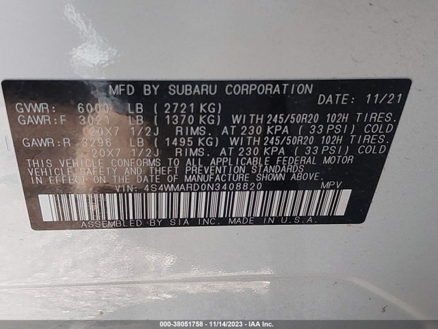Subaru Ascent Touring 2022 4S4WMARD0N3408820 Image 9
